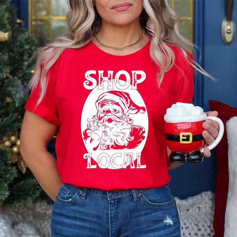 Red Santa Shop Local Tee - Holiday T-shirt- Christmas T-shirt