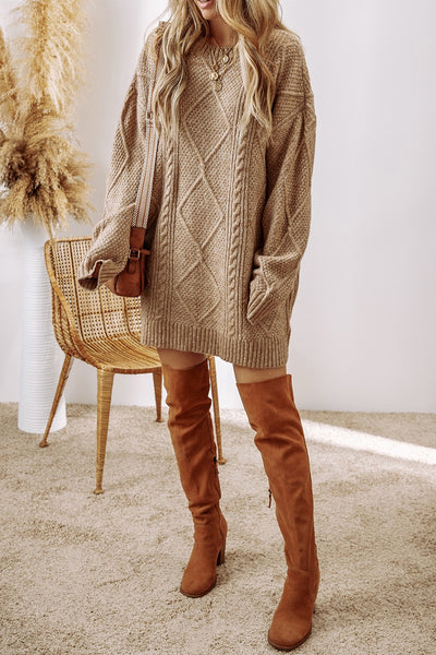 Khaki Cable Knit Sweater Dress - Brown