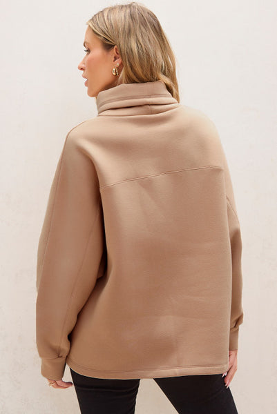 Khaki Cowl Neck Loose Fitting Pullover