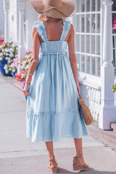 Light Blue Ruffle Trim Midi Dress
