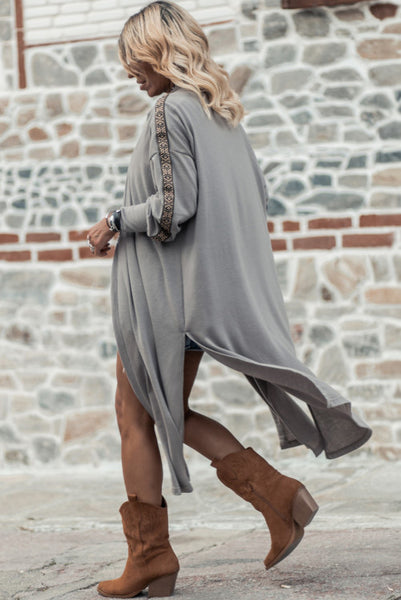 Gray Duster Cardigan with Side Slits and Ribbon Detailing