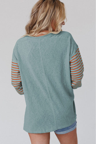 Teal Green and Orange Striped Colorblock Top