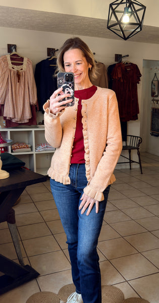 French Beige Ruffle Trim Cardigan with Gold Button Detailing