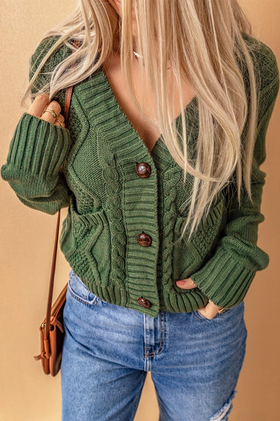 Olive Green Cable Knit Button Up Cardigan