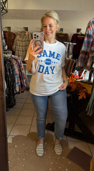 White GAME DAY Tee with Blue Distressed Lettering - Football - Sports Mom - Tailgating