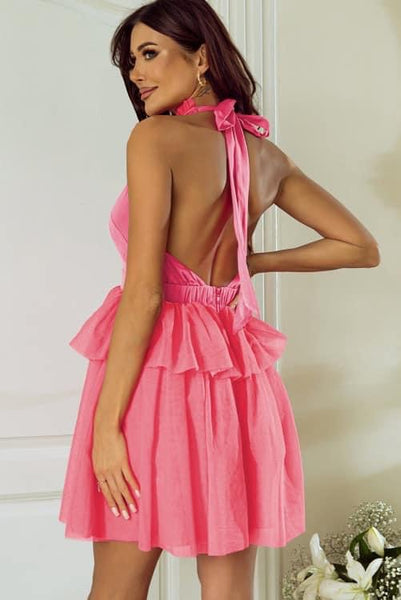 Strawberry Pink Halter Bodice Dress with Layered Tulle Skirt