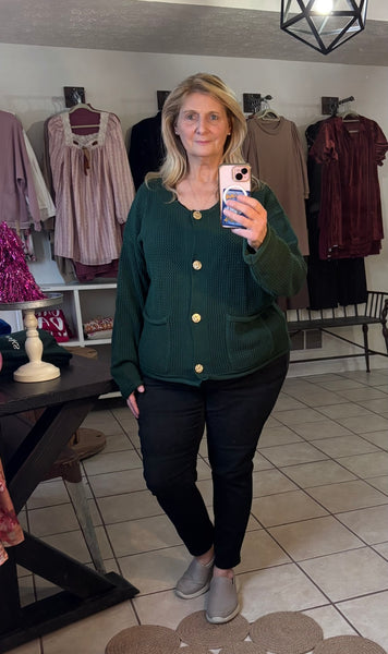 Curvy Dark Green Open Knit Button Front Cardigan with Gold Accent Buttons