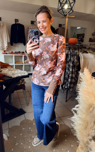 Brown Floral Waffle Texture Long Sleeve Top