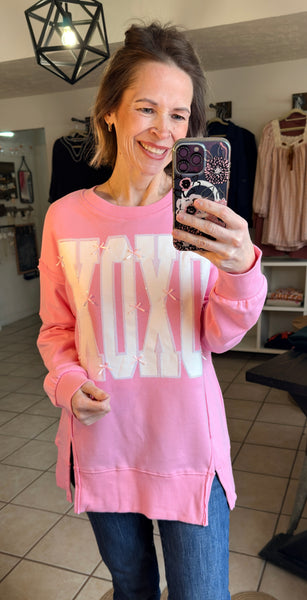 Pink Bow and Sequin Detailed XOXO Pullover with Exposed Seams