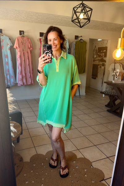 Green Corded Ribbed Loose Fitting Collared Shirt Dress with Uneven Hemline