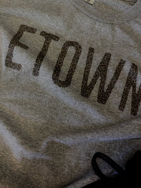 ‘ETOWN’ Leopard Print Lettering Tee - T-shirt - Heathered Charcoal - Animal Print - Cheetah - Support Local