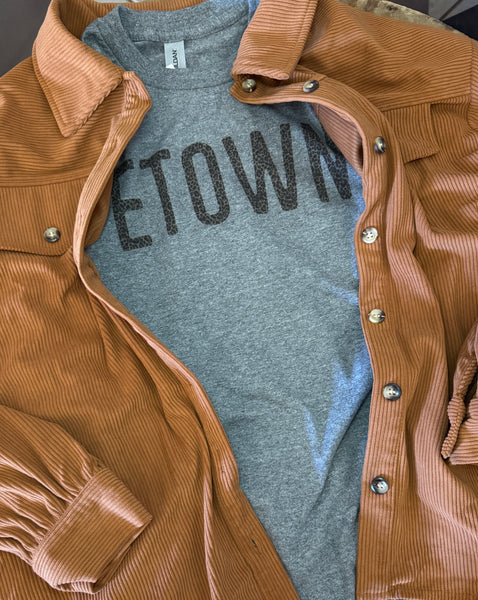 ‘ETOWN’ Leopard Print Lettering Tee - T-shirt - Heathered Charcoal - Animal Print - Cheetah - Support Local