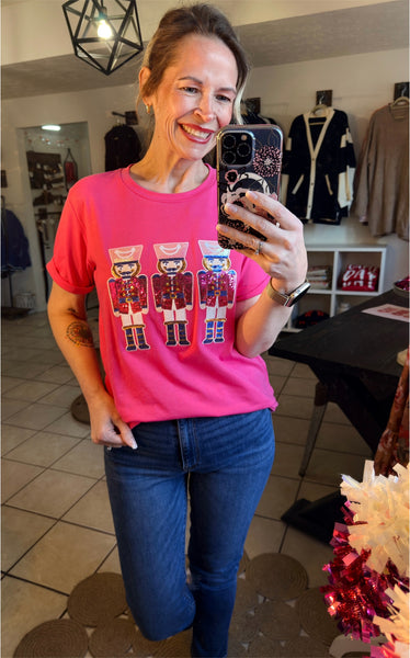 Rose Red Tee with Colorful Sequin Nutcrackers