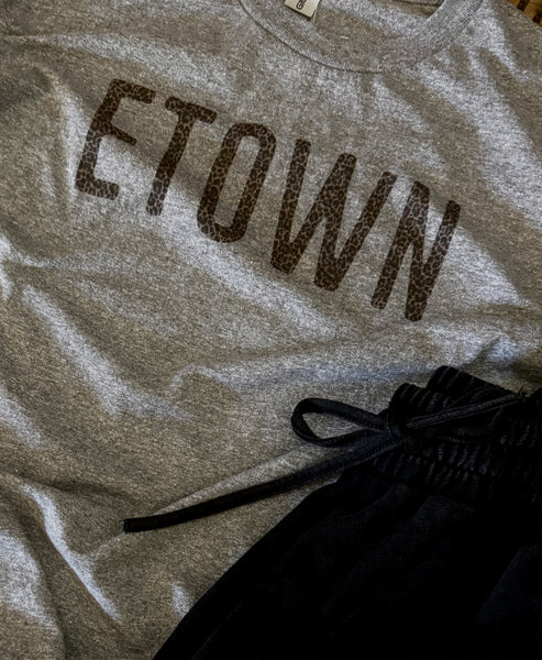 ‘ETOWN’ Leopard Print Lettering Tee - T-shirt - Heathered Charcoal - Animal Print - Cheetah - Support Local