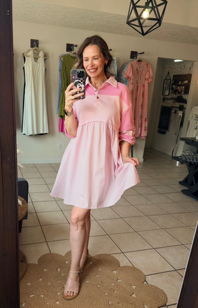 Pink Colorblock Half Sleeve Mixed Material Collared Shirt Dress with Pockets