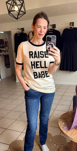 RAISE HELL BABE Graphic Printed on Cream with Black Contrast Trim Tee - Next Level Apparel