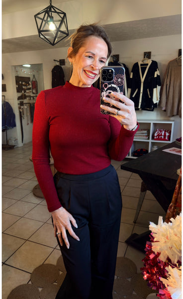 Red Dahlia Shimmery Mock Neck Fitted Top