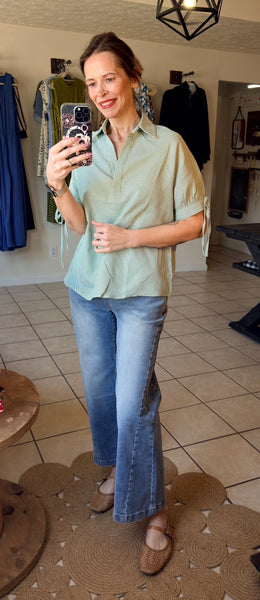 Green Striped Split V-Neck Collared Top