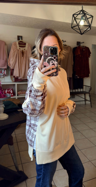 Cream and Brown Plaid Hooded Pullover with Side Slits and Thumbholes
