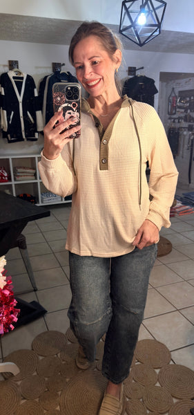 Creamy White and Olive Green Waffle Knit Contrast Hooded Top