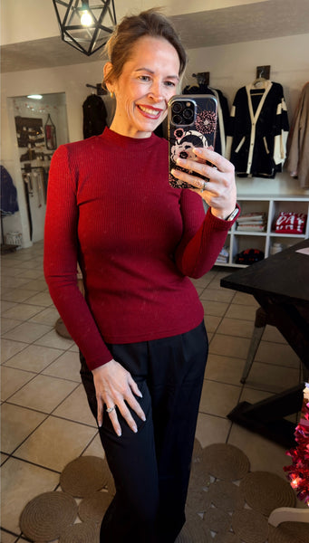 Red Dahlia Shimmery Mock Neck Fitted Top