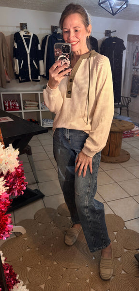 Creamy White and Olive Green Waffle Knit Contrast Hooded Top