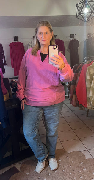 Pink Drop Shoulder Pullover with Notch V-neck