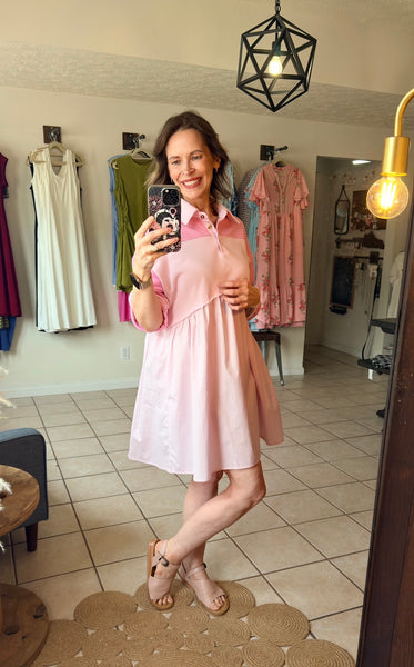 Pink Colorblock Half Sleeve Mixed Material Collared Shirt Dress with Pockets