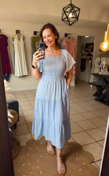 Light Blue Square Neck Lace Detail Dress with Flowy Sleeves and Tie Back