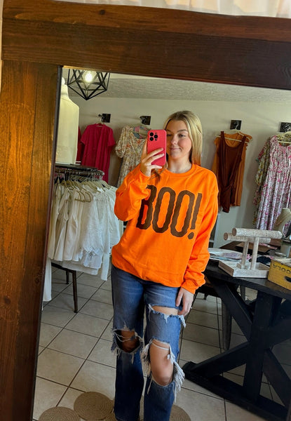 BOO! Crewneck Sweatshirt Pullover - Orange Halloween Sweatshirt Pullover