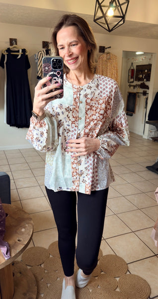 Mixed Floral Patchwork Long Puff Sleeve Top
