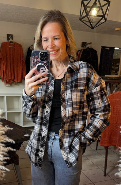 Black and White Plaid Flannel Button Up Shacket