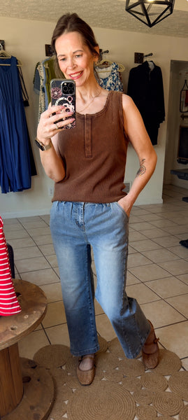 Coffee Brown Mineral Wash Snap Front Tank Top