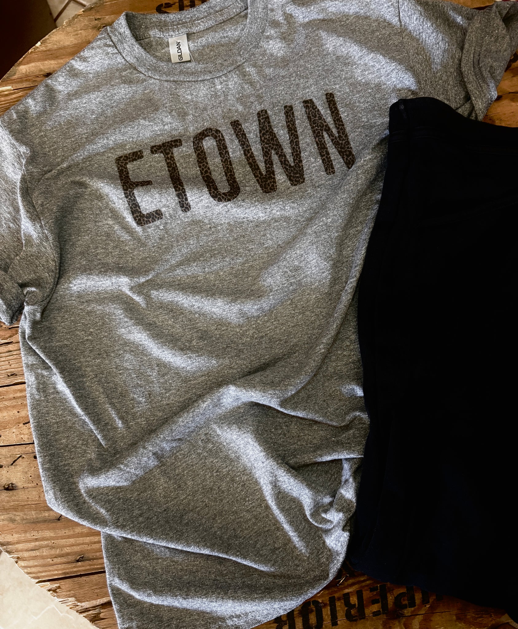 ‘ETOWN’ Leopard Print Lettering Tee - T-shirt - Heathered Charcoal - Animal Print - Cheetah - Support Local