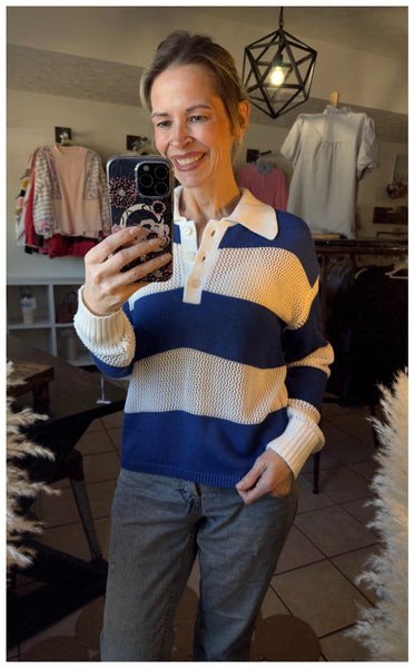 Blue Striped Colorblock Eyelet Crochet Knitted Lightweight Sweater