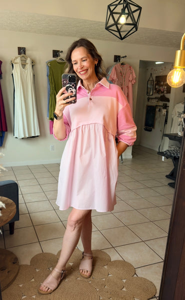 Pink Colorblock Half Sleeve Mixed Material Collared Shirt Dress with Pockets