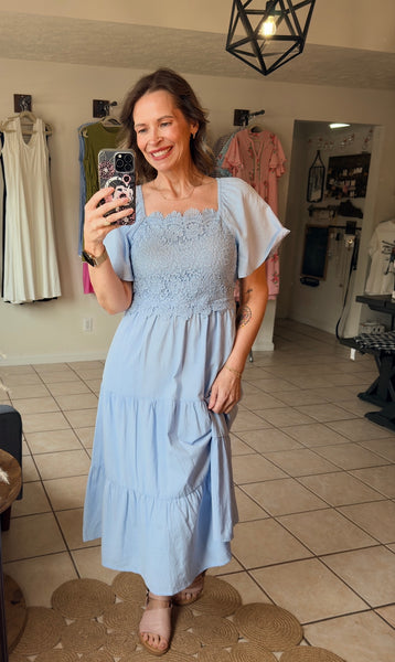 Light Blue Square Neck Lace Detail Dress with Flowy Sleeves and Tie Back