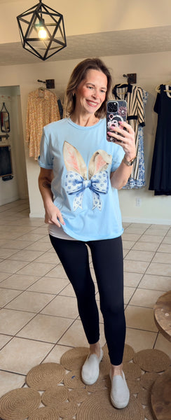 Light Blue Bunny Ears and Floral Bow Printed Tee