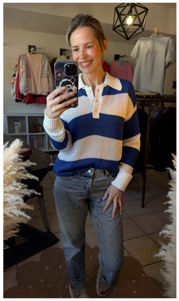 Blue Striped Colorblock Eyelet Crochet Knitted Lightweight Sweater