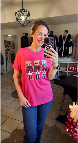 Rose Red Tee with Colorful Sequin Nutcrackers