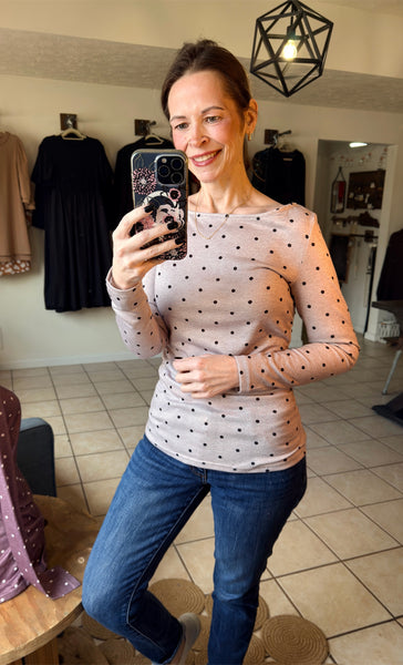Beige and Black Polka Dot Long Sleeve Top with Ruched Sides