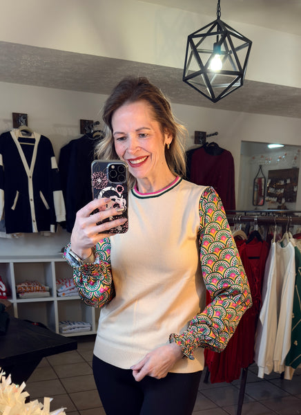 Beige Colorblock Top with Patterned Long Sleeves and Contrasting Neckline Trim