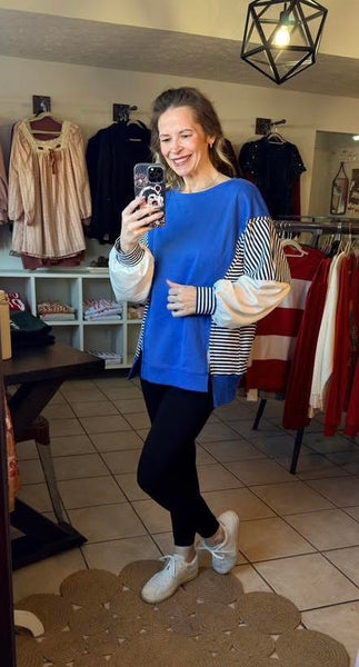 Blue Striped Colorblock Patchwork Pullover