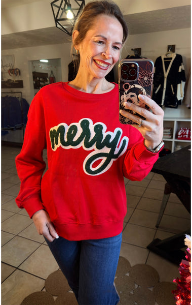 Contrast Script Merry Chenille Patch Lettering on Red Sweatshirt Pullover