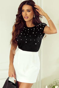 Black Sleeveless Top with Pearl Detailing