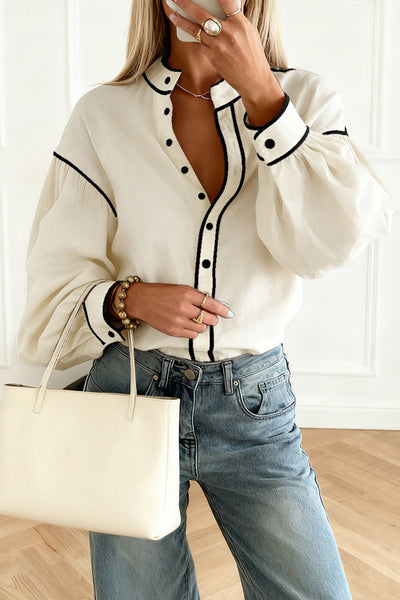Beige and Black Contrast Trim Button Up Top