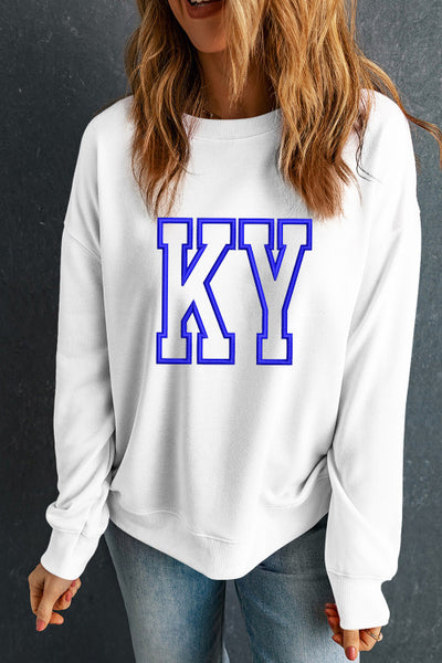 White Sweatshirt Pullover with Royal Blue KY embroidery