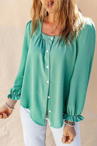 Light Teal Green Button Up Square Neckline Blouse