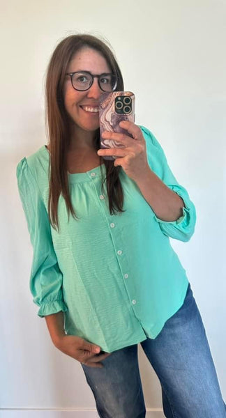 Light Teal Green Button Up Square Neckline Blouse