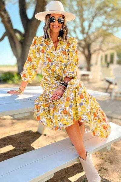 Yellow Floral Flowy Modest Criss Cross V-neck Collared Midi Dress